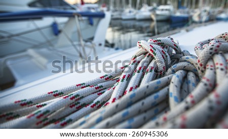 Sailing yacht rigging, ropes closeup.