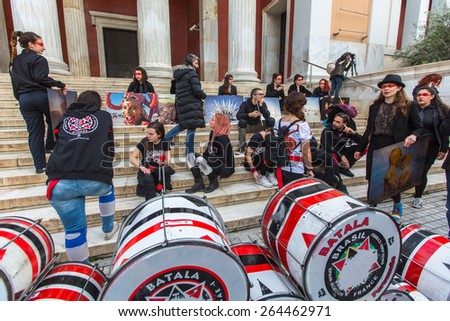 ATHENS, GREECE - MAR 28, 2015: Unidentified participants actions of contemporary art - Burning Man Walking Photo Exposition on territory National Archaeological Museum of Athens.