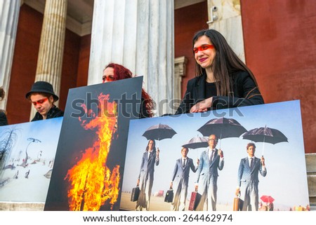 ATHENS, GREECE - MAR 28, 2015: Unidentified participants actions of contemporary art - Burning Man Walking Photo Exposition on territory National Archaeological Museum of Athens.