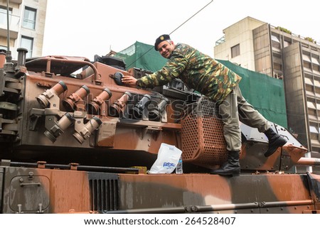 ATHENS, GREECE - MAR 25, 2015: Unidentified participants and military equipment during Military parade at national holiday - Day of National Revival Greece or Independence Day of Greece.
