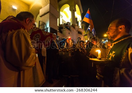 ATHENS, GREECE - APR 10, 2015: Unidentified people during the celebration of Orthodox Easter - Vespers on Great Friday (the Epitaphios in Greek served in Good Friday evening).