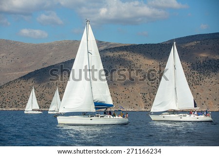HYDRA, GREECE - CIRCA OCT, 2014: Sailboat participate in sailing regatta 12th Ellada Autumn 2014 among Greek island group in the Aegean Sea, in Cyclades and Argo-Saronic Gulf.