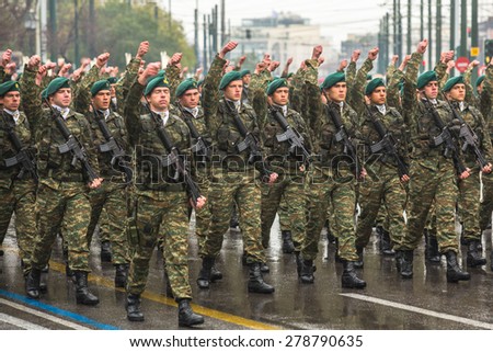 ATHENS, GREECE - MAR 25, 2015: Soldiers of Greek army during Independence Day of Greece is an annual national holiday, on this day, Greeks pay tribute to the heroes of the Revolution 1821-1829.