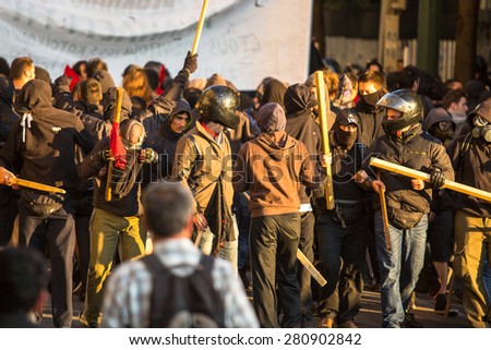 ATHENS, GREECE - CIRCA APR, 2015: Leftist and anarchist groups seeking abolition of new maximum security prisons, clashed with riot police, who responded with tear gas and stun grenades.