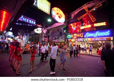 PATTAYA THAILAND FEBRUARY 20 Walking Street after Valentin's Day on February 20 2012 in Pattaya Thailand It is a tourist attraction that draws foreigners primarily for the sex services PATTAYA THAILAND FEBRUARY 20 Walking Street after Valentin's Day on February 20 2012 in Pattaya Thailand It is a tourist attraction that draws foreigners primarily for the sex services