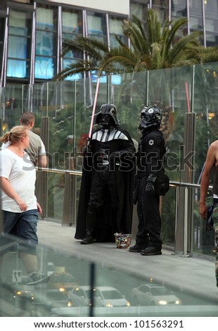 LAS VEGAS, USA - APRIL 25: Darth Vader and Storm Trooper impressionists in Las Vegas. 4th May is International Star Wars day. Word play on film quote: May the Fourth [force] be with you. 25 April 2012