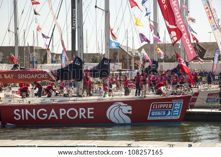 OCEAN VILLAGE, SOUTHAMPTON UK - JULY 22: Clipper Round the World Yacht Race third placed Keppel Bay arrives in Southampton. 22 July 2012