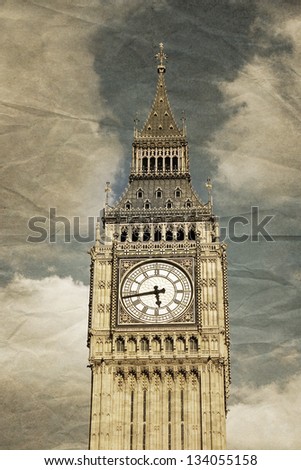 A detail of the tower of Big Ben, Westminster, London. Vintage faded crumpled paper effect