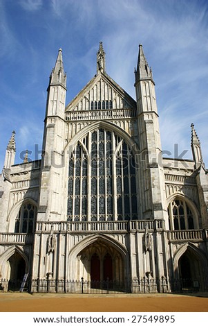 Front facade of Winchester Cathedral, Hampshire, UK