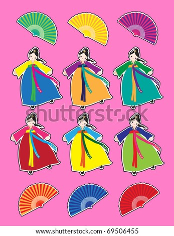Cute Korean girls in national dress stickers.  Also available in vector format.