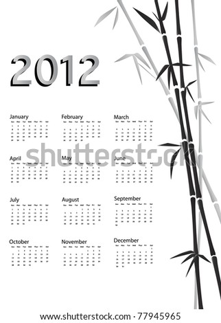 A 2012 calendar. Chinese style with bamboo background in black and white. Also available in vector.