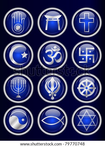 A set of Religious symbol web buttons. Silver isolated on blue. EPS10 vector format.