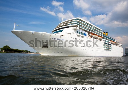 AMSTERDAM, NETHERLANDS -JULY 7: Costa Romantica in Amsterdam port. Sister ship to the Costa Concordia, which sank in Italy in, 2012, killing 32 passengers. JULY 7 2014 Amsterdam, Netherlands