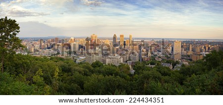 Panorama of the Montreal Skyline at dusk, taken from the top of Mont Real, Quebec Province, Canada.