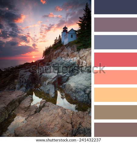 Sunset at Bass Harbor Lighthouse, Mount Desert Island, Maine, USA, with a colour palette of complimentary colour swatches