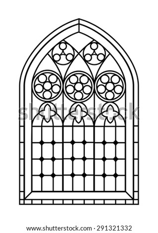 A Gothic Style stained glass window in black and white. Outline drawing  colouring activity page. EPS10 vector format.