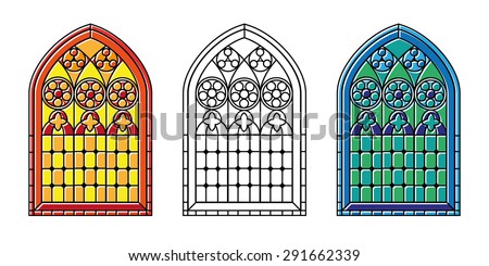 A set of Gothic Style stained glass window in cool tones, warm tones and black and white outline. EPS10 vector format