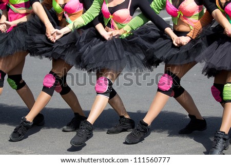 AURILLAC, FRANCE - AUGUST 22 :Group of dancers as part of the Aurillac International Street Theater Festival, show by the Ballets Temps Dance Jr Cie , on august 22, 2012, in Aurillac,France.