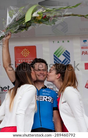 AUCH, FRANCE - JUNE 18:   The french cyclist Stiven Tronet on the podium at the first stage of the Route du Sud, on June 18, 2015 in Auch, France.