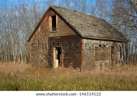 Old abandoned house with aspen trees behind and grass and weeds in front