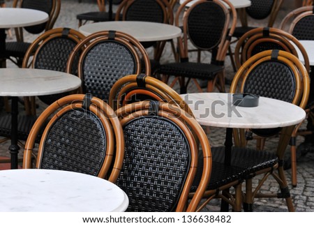 Tables and chairs of a cafeteria empty - early in the morning