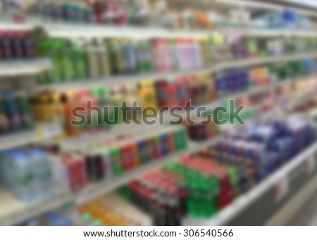 supermarket, blur image of beverage product on refrigerator shelves in supermarket