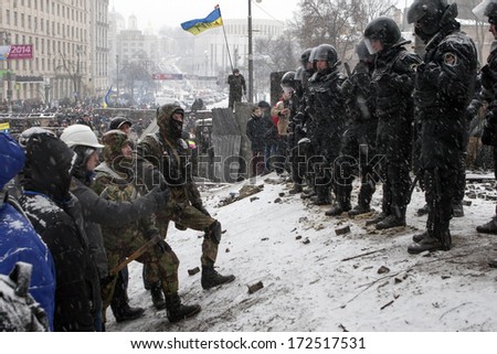 Kiev, Ukraine - 21 January: Protest Against &Quot;Dictatorship&Quot; In Ukraine Turns Violent On Euromaidan In Kiev. Against The President Yanukovych On 21 January, 2014 In Kiev, Maidan, Ukraine