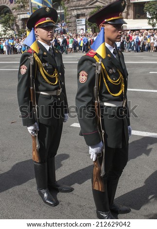 KYIV, UKRAINE - 24 AUG, 2014 Military parade in Kiev for Independence Day. In parade was attended by cadets of military schools of Ukraine,More than 40 pieces of military equipmenton