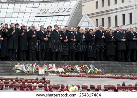 Kiev, Ukraine, 22 February 2015: A March of Dignity to commemorate those who died during last year\'s Maidan protests. Leaders of ten European contries have joined Ukraine\'s president Petr Poroshenko