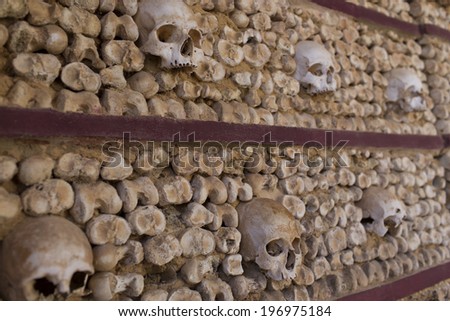 Skull and bones in the Chapel of Bones in Evora Portugal