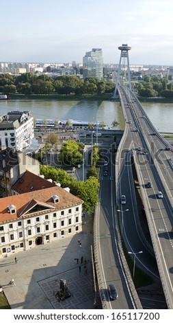 The top view of the Bratislava old town and new city with the Most SNP bridge.