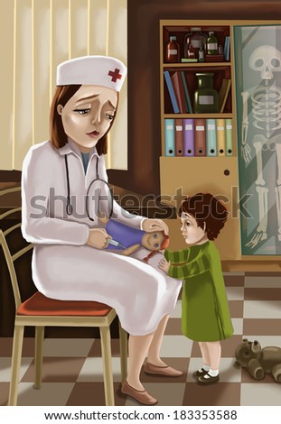 Nurse examines a child\'s toy. Nurse. Raster illustration