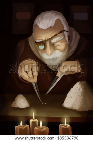Old man sort the rice. Jeweler. Raster illustration
