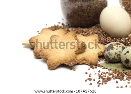 Ingredients for cooking buckwheat with eggs on a white background. Photo.