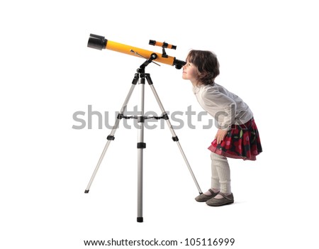 Isolated little girl looking into a telescope