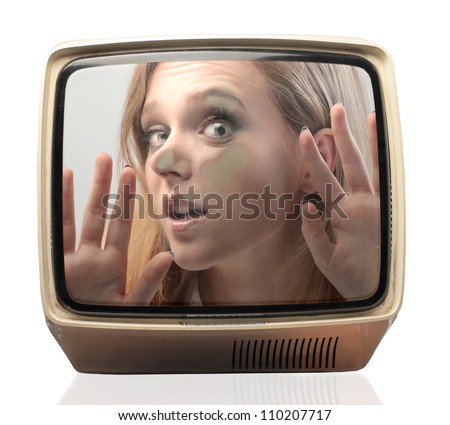 Young woman trapped in a television screen