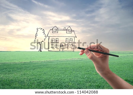 Hand drawing an house on a landscape Hand drawing an house on a landscape