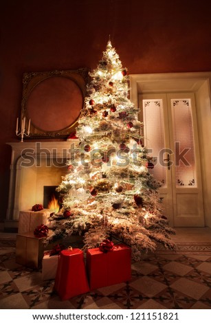 Christmas tree with some presents in a house