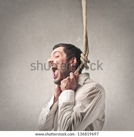 desperate man with rope tied to the throat