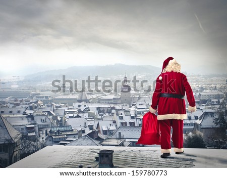 Santa Claus Over The City With Red Sack