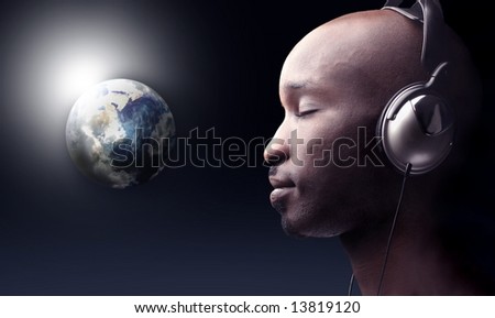 earth space view and a man listening music