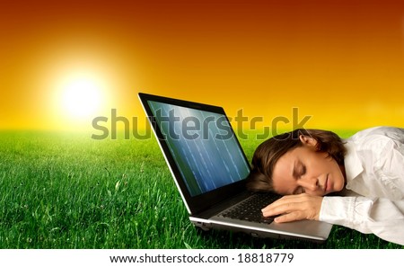 woman sleep on laptop in countryside