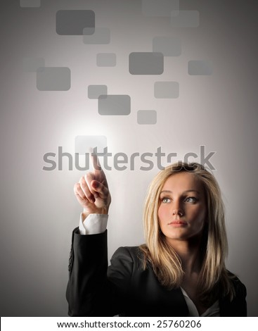 stock photo business woman. stock photo : business woman pressing a touchscreen button