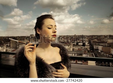 a rich woman with fur and cigarette 