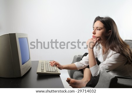 worried woman with computer