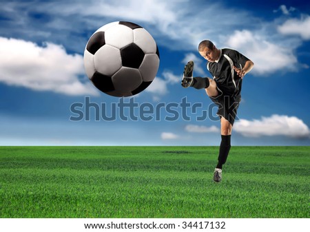 soccer or football player kicking a ball in a grass field