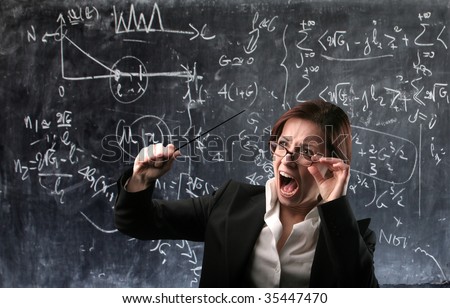 angry teacher with blackboard on the background