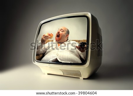 old tv transmittig a big man eating junk food