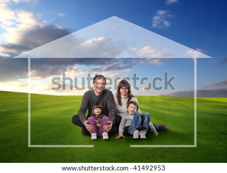 happy family seated on grass field surrounded by home drawing