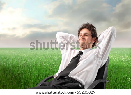 Smiling businessman relaxing on a chair on a green meadow